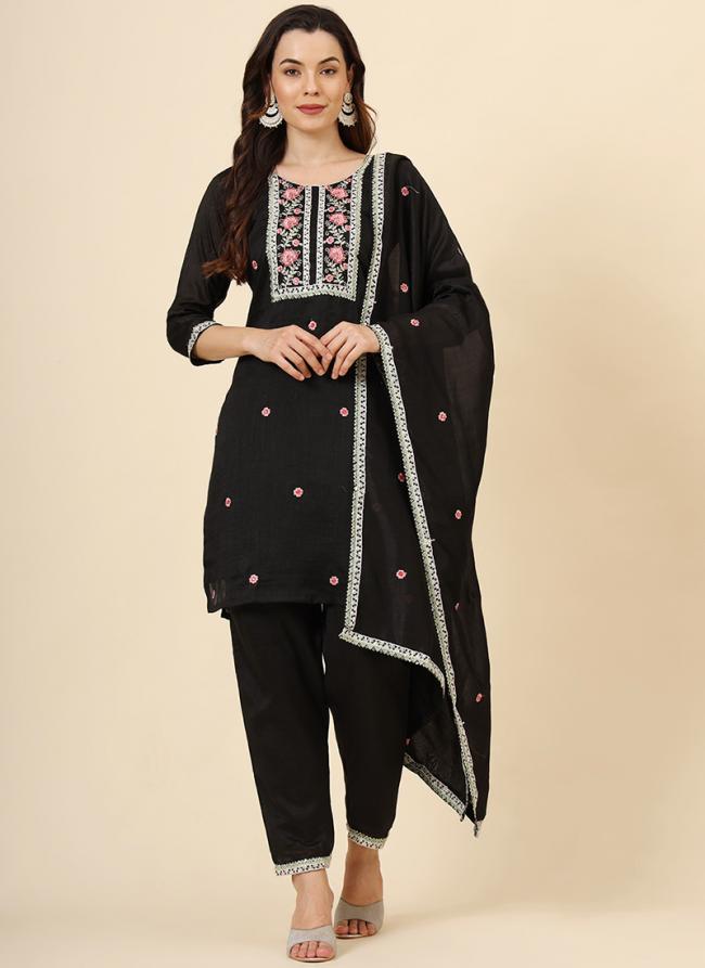 Vichitra Silk Black Festival Wear Embroidery Work Readymade Kurti Set